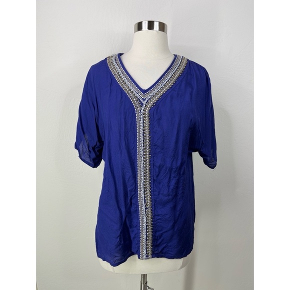 Chicos Embroidered Neckline Short Sleeve Top - Picture 1 of 9